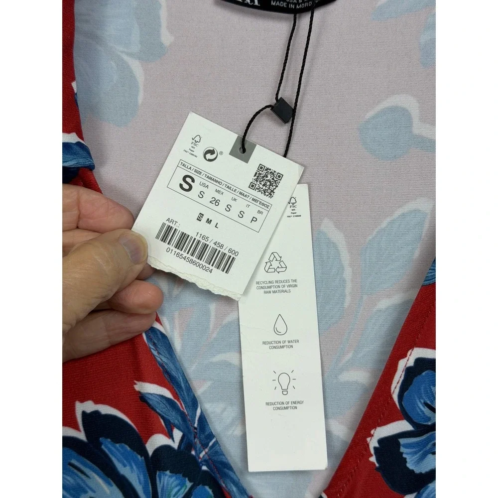 Zara Red Blue Floral Long‎ Sleeve Button Front Midi Dress Small Colorful Boho